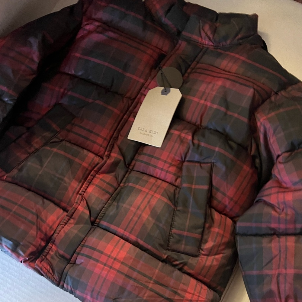 Zara Red and Black Plaid Puffer Jacket